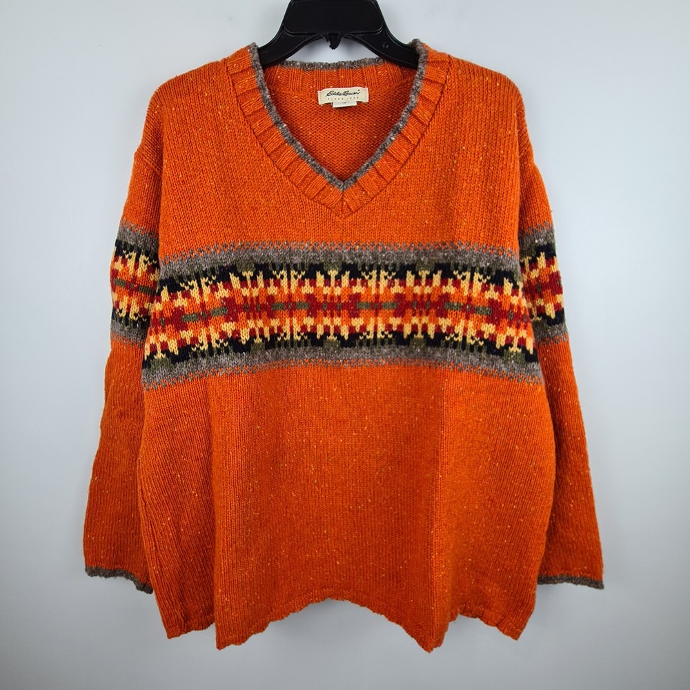 Eddie Bauer Vintage Wool Blend Fair Isle V-Neck Sweater Orange Petite Medium USA